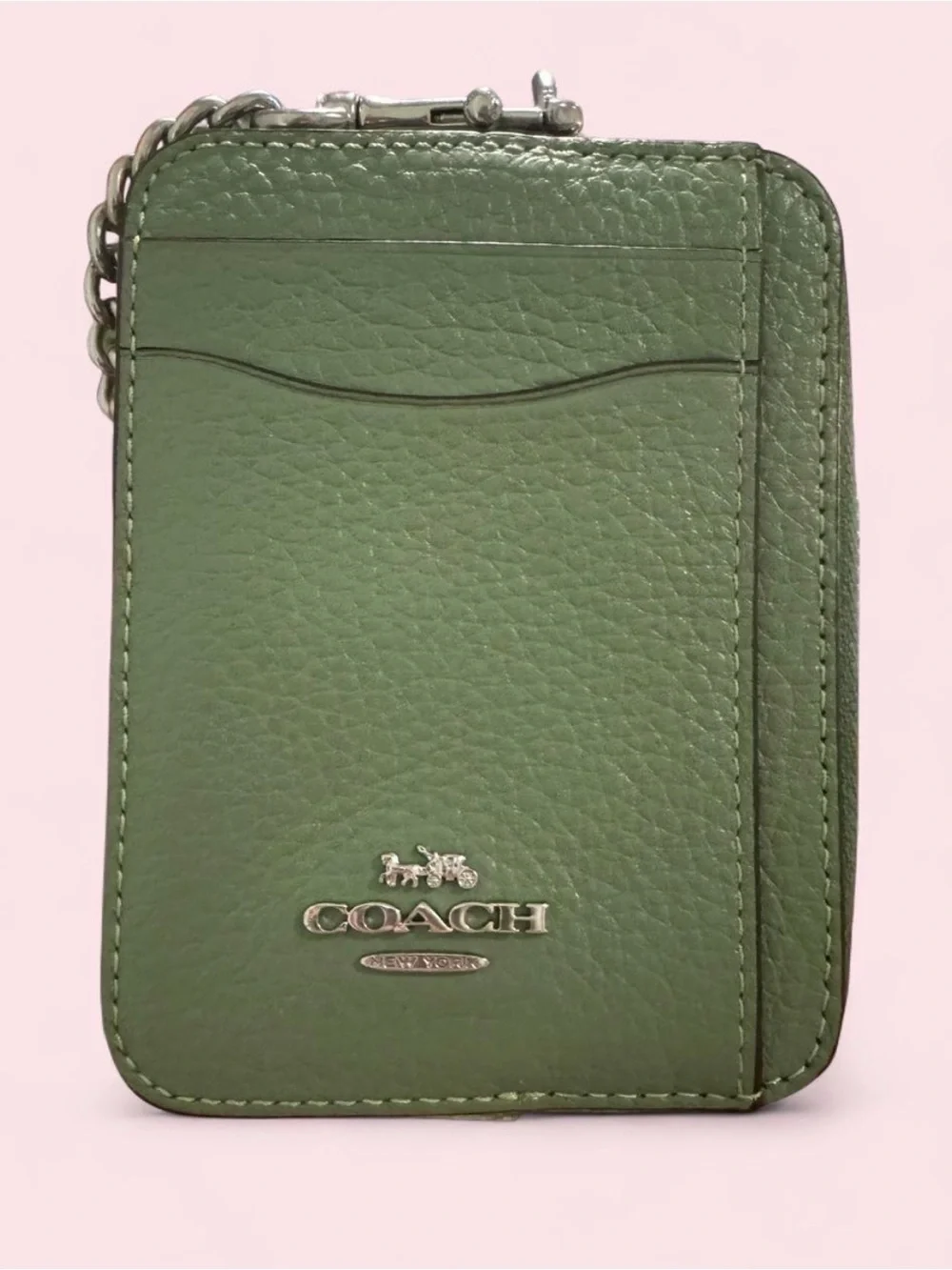 Coach Sage Green Leather Zip Card Case with Chain